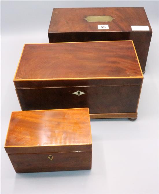 Mahogany brass inlaid tea caddy, another and a smaller caddy